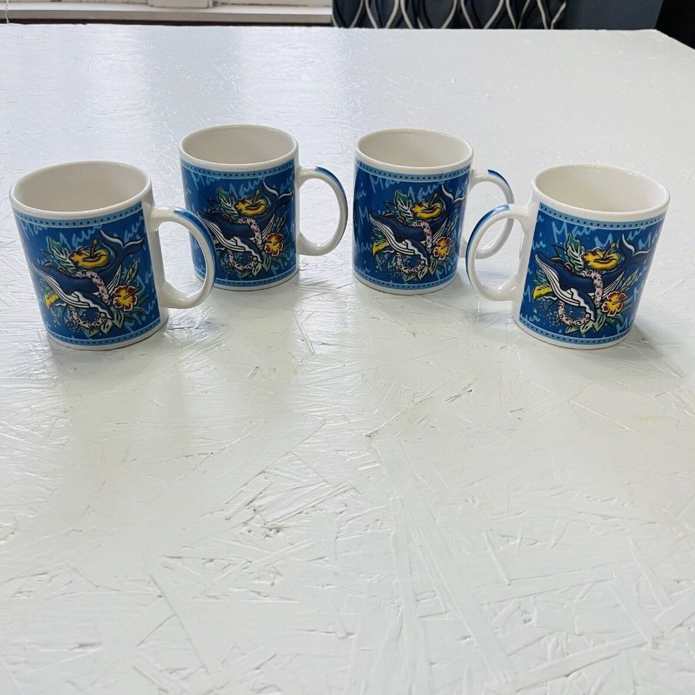 Hilo Hattie Maui Hawaii Blue Whale Souvenir Coffee Tea Cup Mug Set of 4